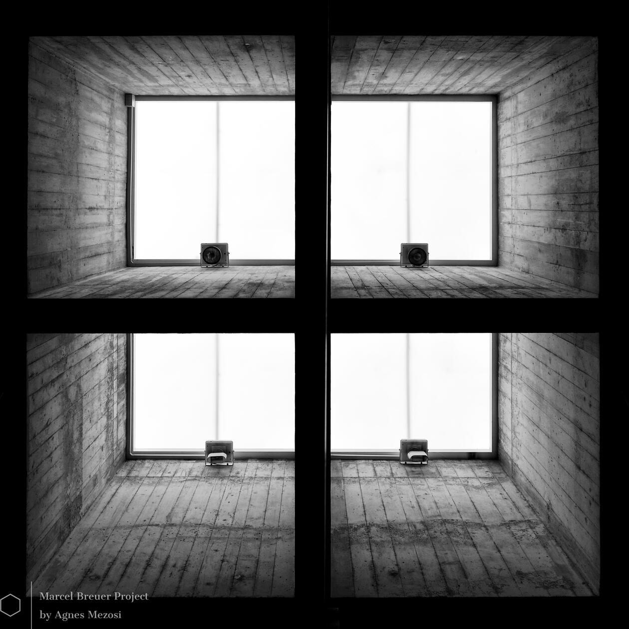 Close-up of four square recessed windows at Baldegg Kloster. The deep concrete frames channel natural light into the interior, creating a soft, atmospheric glow.
