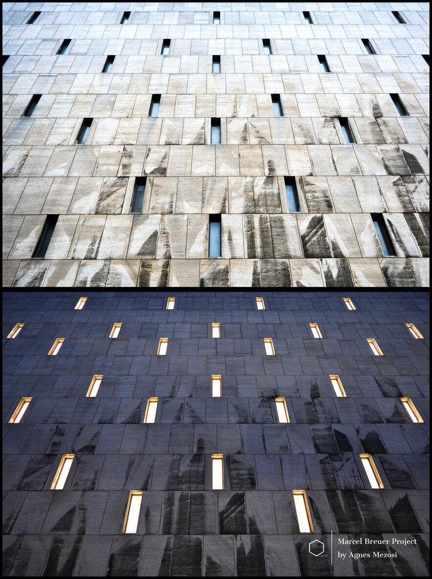 A split-view photograph showing the same section of the De Bijenkorf facade in daylight and at night, demonstrating how the solid stone wall transforms into a glowing grid of light.