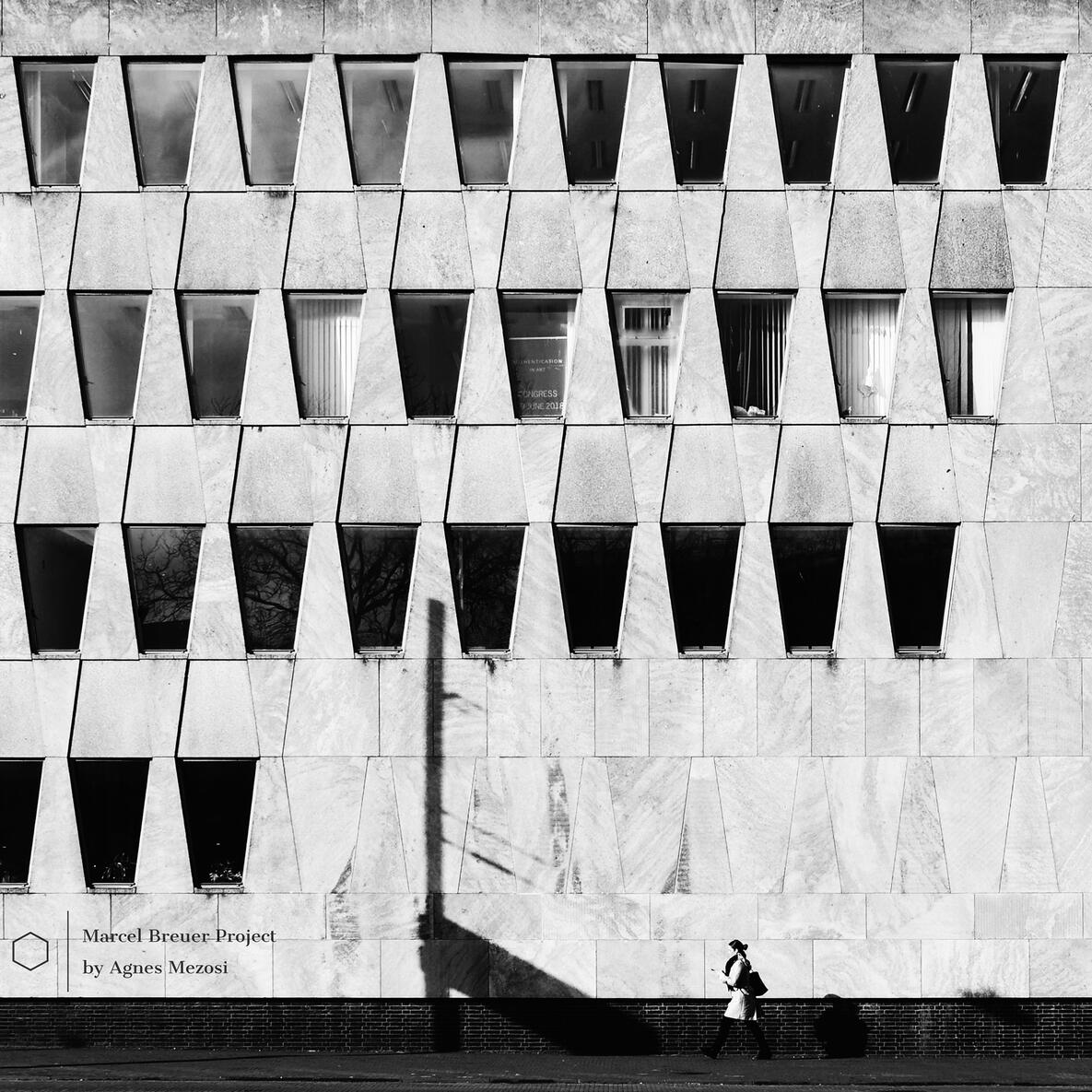 A high-contrast black and white photograph of the U.S. Embassy in The Hague, showing the dense grid of trapezoidal window frames with a single person walking at the base for scale.