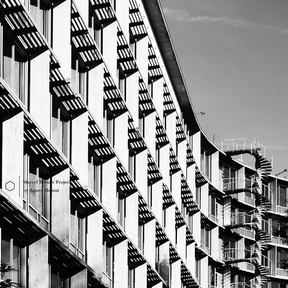 A perspective view of the curved UNESCO facade in Paris, featuring a dense grid of vertical and horizontal concrete sun-shading elements creating a complex rhythmic pattern.