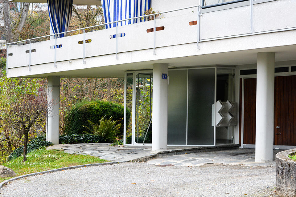 A low-angle shot of the building's ground floor, showing slim, white circular columns and a glass-walled entrance area integrated into the hillside.