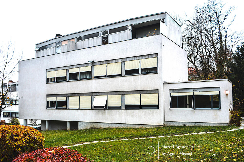 A close-up perspective of the white facade of the Doldertal houses, featuring long horizontal window bands and adjustable cream-colored exterior blinds.