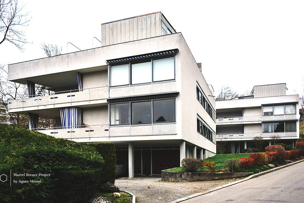 A wide-angle color photograph of two white, multi-story modernist houses built on a steep, grassy hillside in Zurich, showcasing their clean lines and staggered placement.